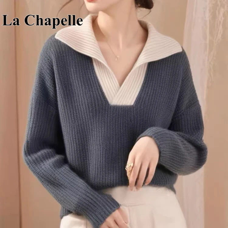 拉夏贝尔高级感超好看软糯翻领毛衣女灰色半开领撞色针织衫秋冬款