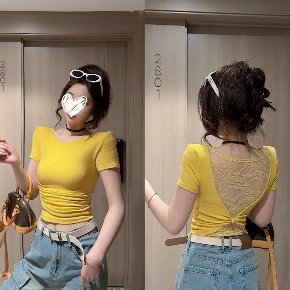 JaneDeiune纯欲风蕾丝拼接露背短袖T恤辣妹修身显瘦时尚打底上衣