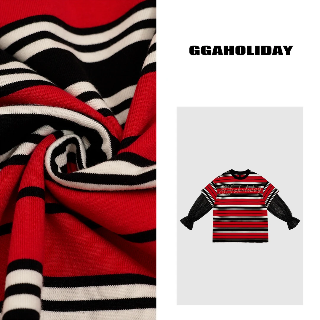 【上新】GGAHOLIDAY时尚宽松百搭蕾丝拼接条纹长袖T恤上衣-152542