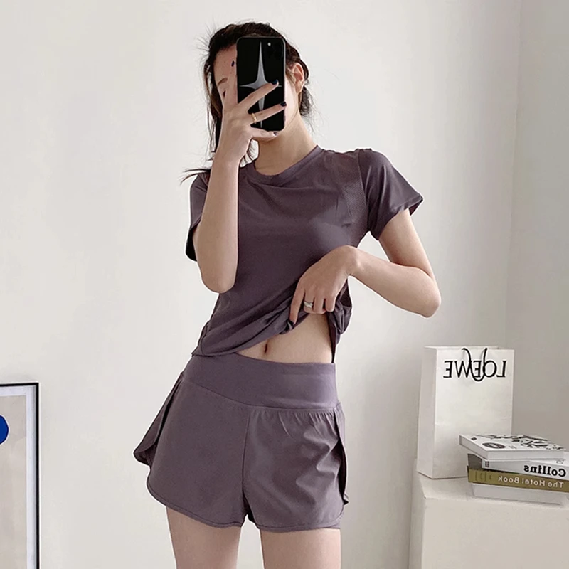跑步套装女士速干透气短裤短袖弹力瑜伽服健身房专业运动套装夏季