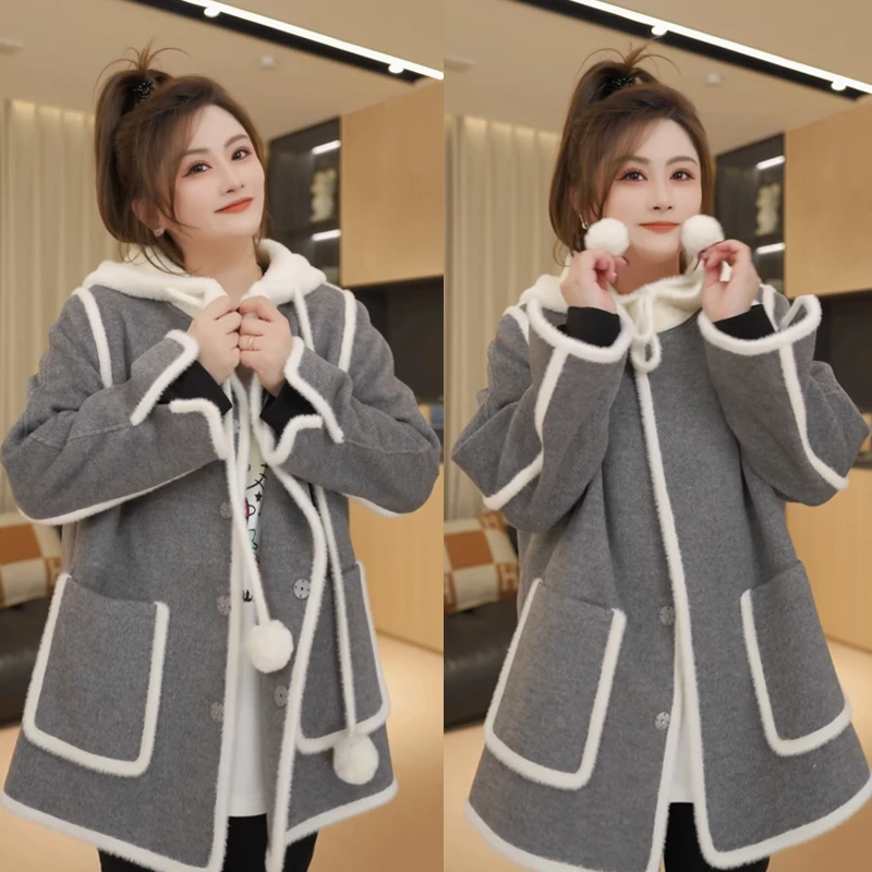 【胖佳佳】芝士奶糕 连帽外套时尚撞色加厚呢大衣H624T15612