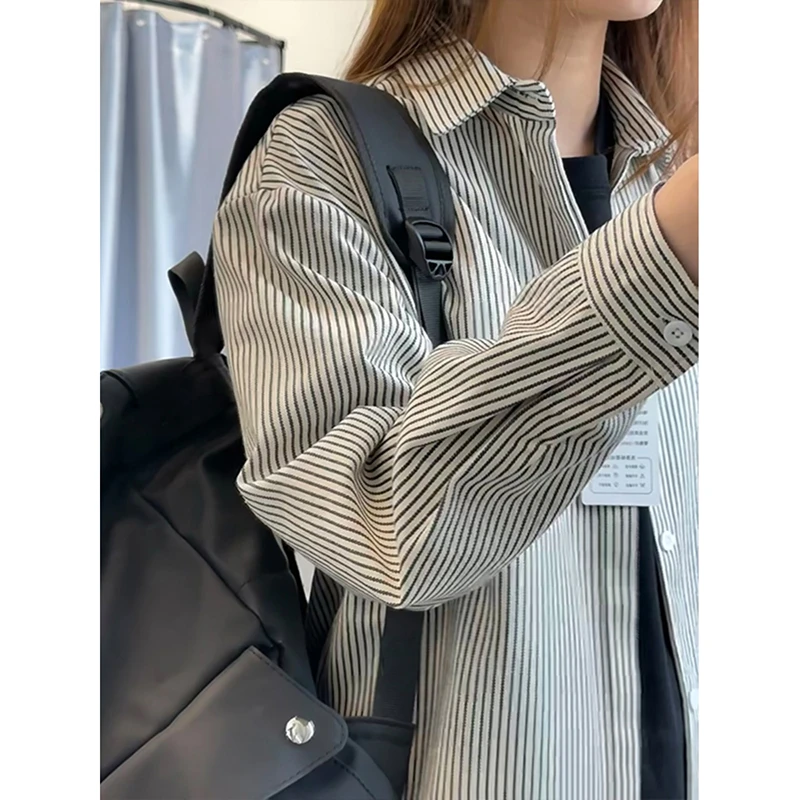 美式复古坚条纹衬衫男春秋季长袖衬衣休闲松弛感宽松慵懒情侣外套