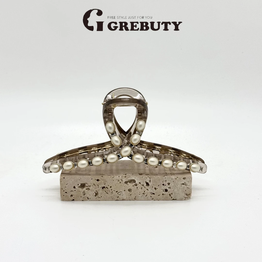 GREBUTY 6251 韩版轻奢珠珠香槟色大号抓夹13cm