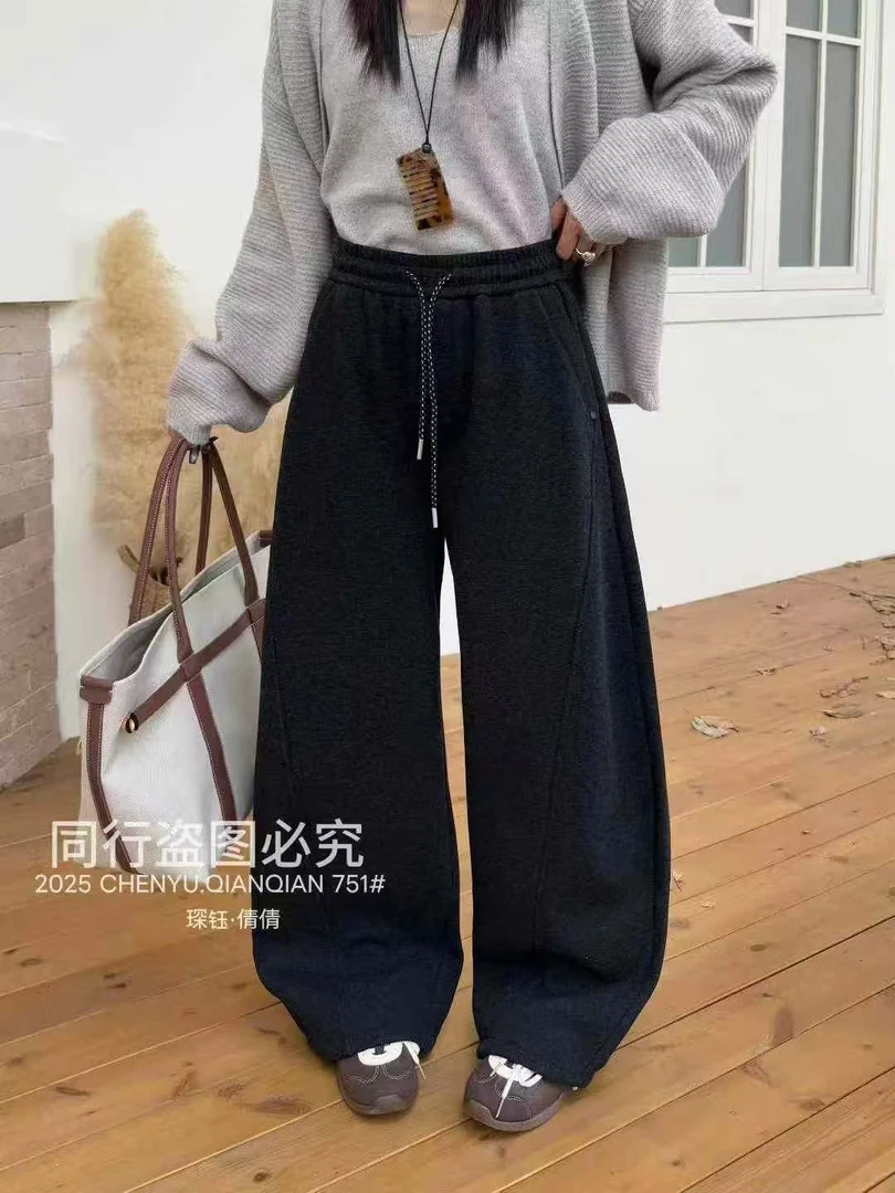 2025冬季抽绳束脚绵羊毛弯刀裤女加绒显瘦阔腿休闲裤0353