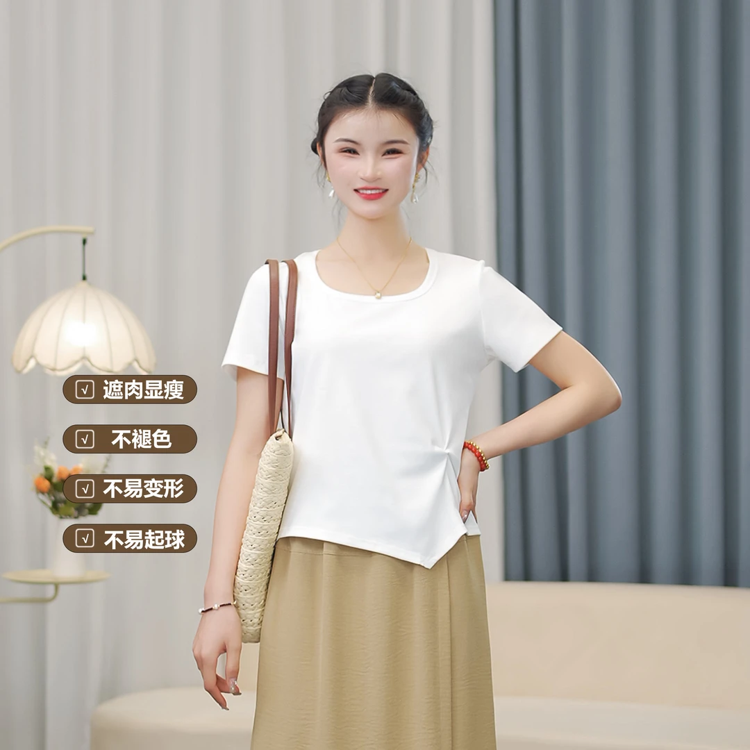 夏季正肩棉短袖t恤女抽褶不规则微胖显瘦法式收腰纯色短款上衣女