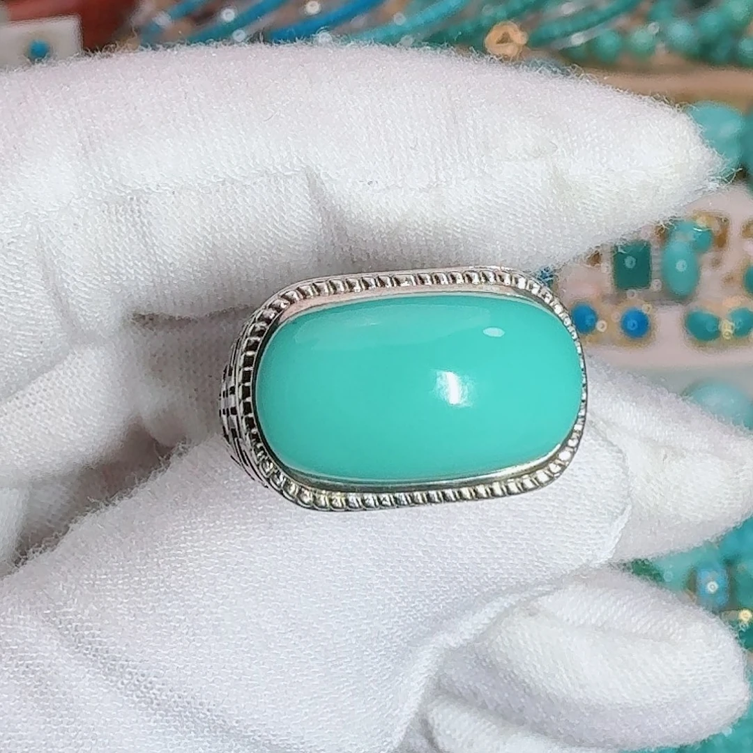 绿松石银S925镶嵌珠宝奇石饱满马鞍戒指