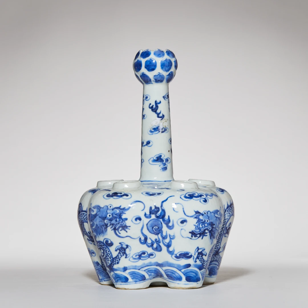 3332清光绪青花云龙纹五管花插【古董拍卖】