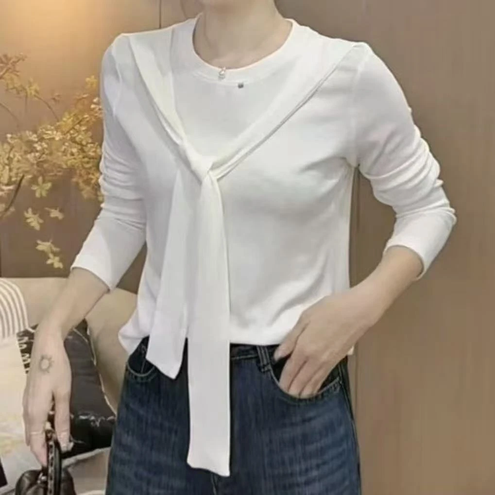 那简家5390【现货】秋季新款拼批领圆领长袖T恤上衣女