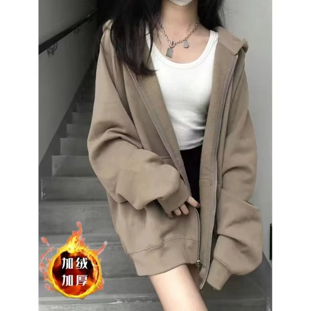 涤纶80%卫衣女加绒加厚含棉oversize宽松潮ins秋冬厚款外穿仿羊羔