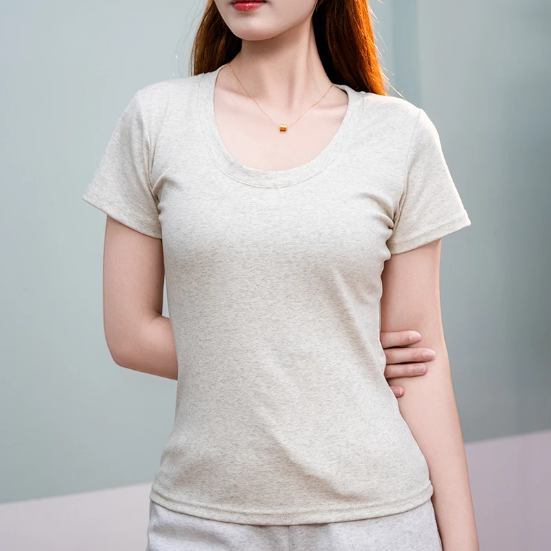 纯色U领修身短袖T恤女夏季气质基础款休闲百搭正肩显瘦棉质上衣