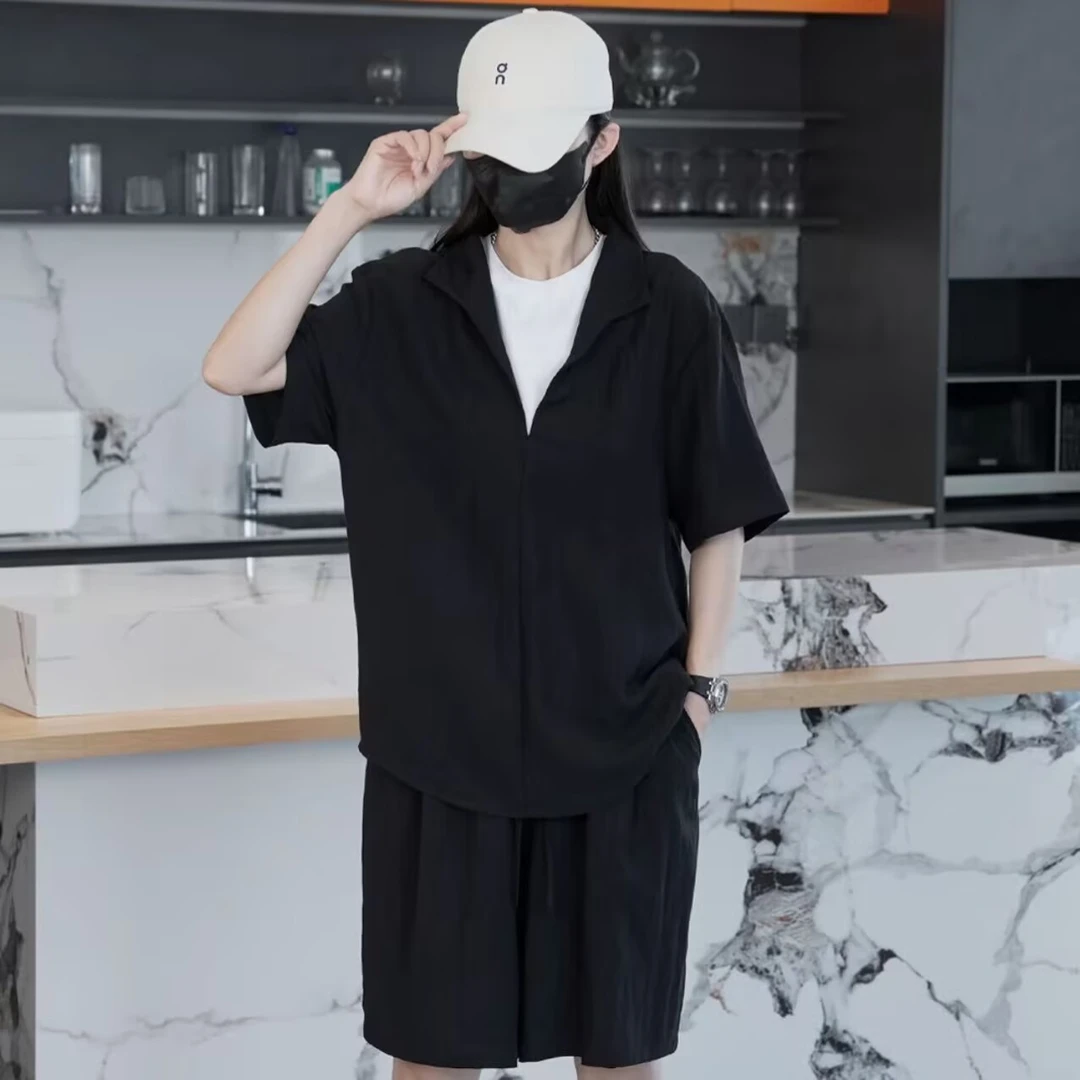 夏季新款轻薄透气假两件短袖长裤男时尚简约慵懒风情侣休闲套装