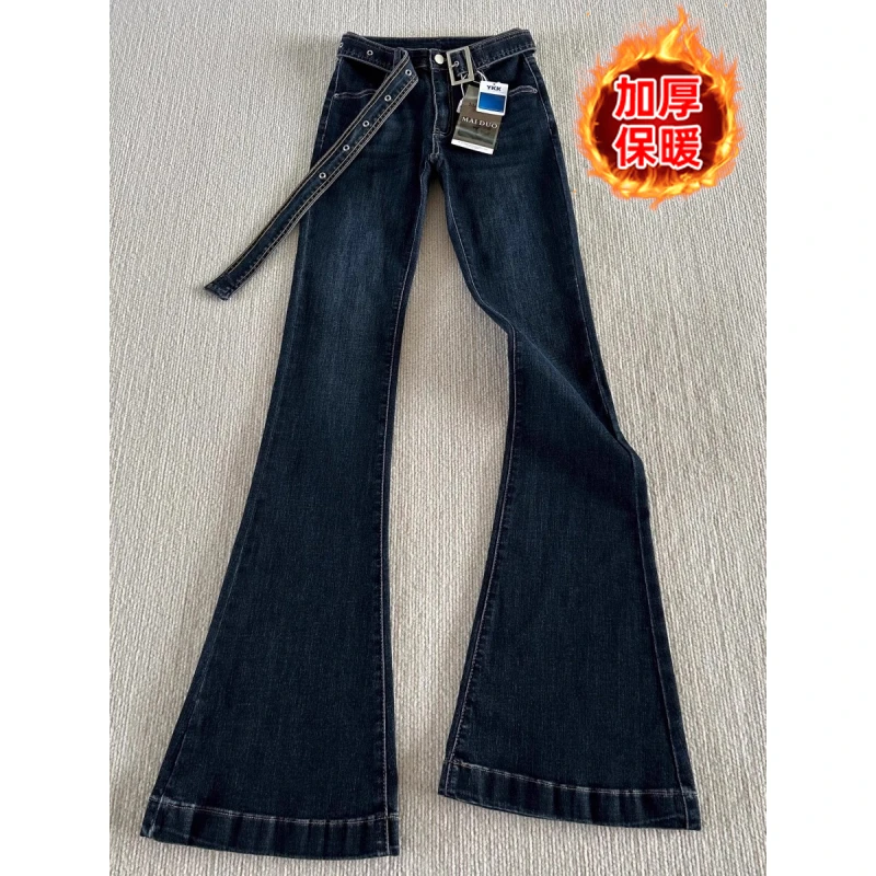 加绒加厚微喇牛仔裤女冬季显瘦美式低腰弹力修身辣妹复古喇叭裤子