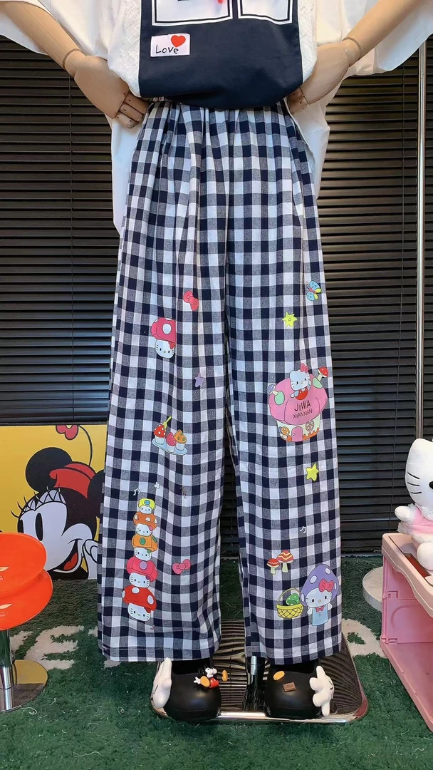 吉娃仙仙卡通kt格子裤宽松