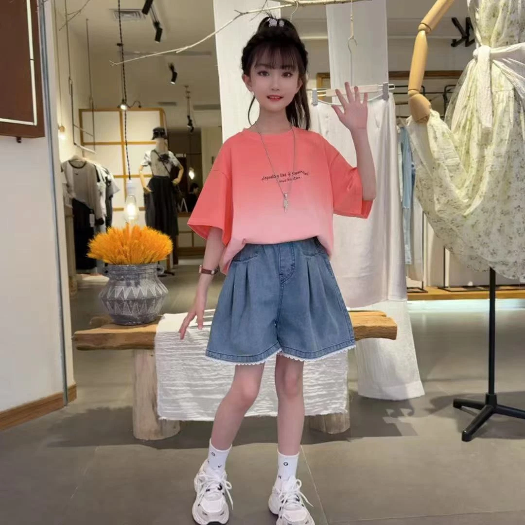 2025新款女童渐变短袖夏季美式潮酷时髦潮款薄牛仔直筒裤套装