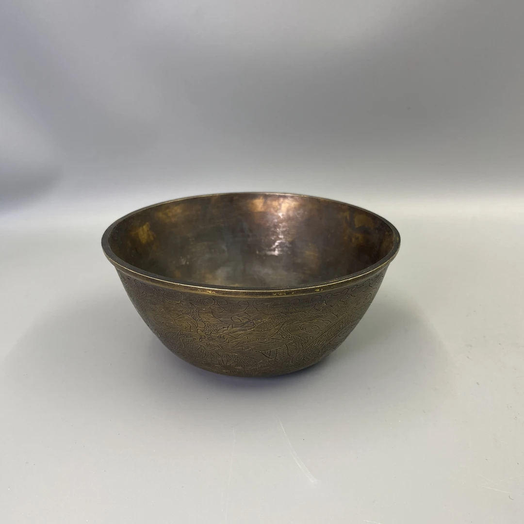 清代铜质手工錾刻云龙纹供碗净水碗益合/2501-98