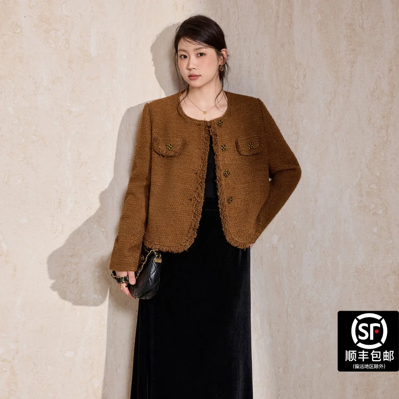蓝语大码女装咖色圆领小香风外套2025秋季新品老钱风高级感上衣