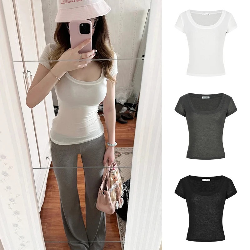 Moses Queen/魔西女王纯欲微透防晒U领短袖T恤修身显瘦百搭上衣