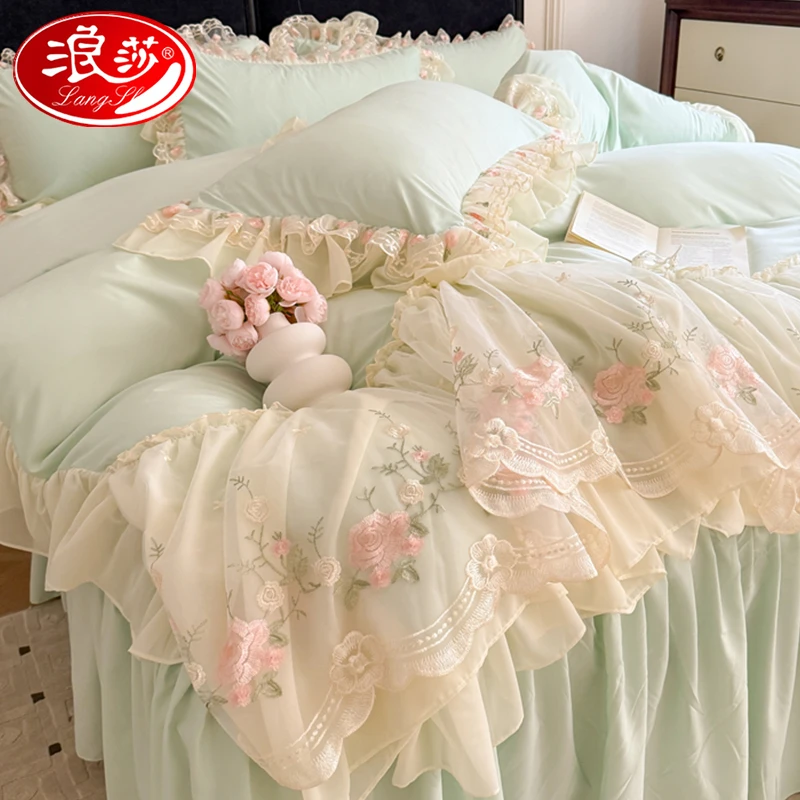 浪莎小仙女夏季床上四件套公主风水洗棉雪纺花边刺绣被套床单床裙