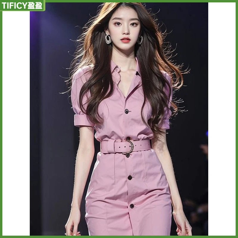 1法式气质收腰绝美精致超好看高冷御姐风粉色衬衫连衣裙子女夏l