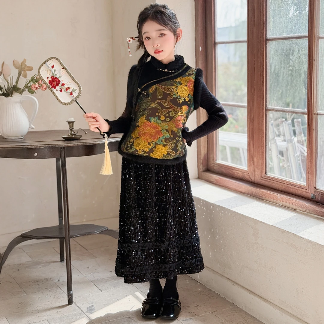 女童中国风拜年服套装冬季复古加绒旗袍马甲黑色亮片半身裙子新年