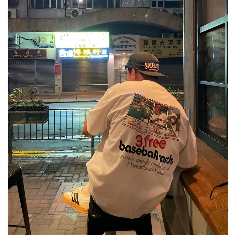 白色漫画印花短袖T恤男士夏季美式复古圆领宽松设计感小众上衣