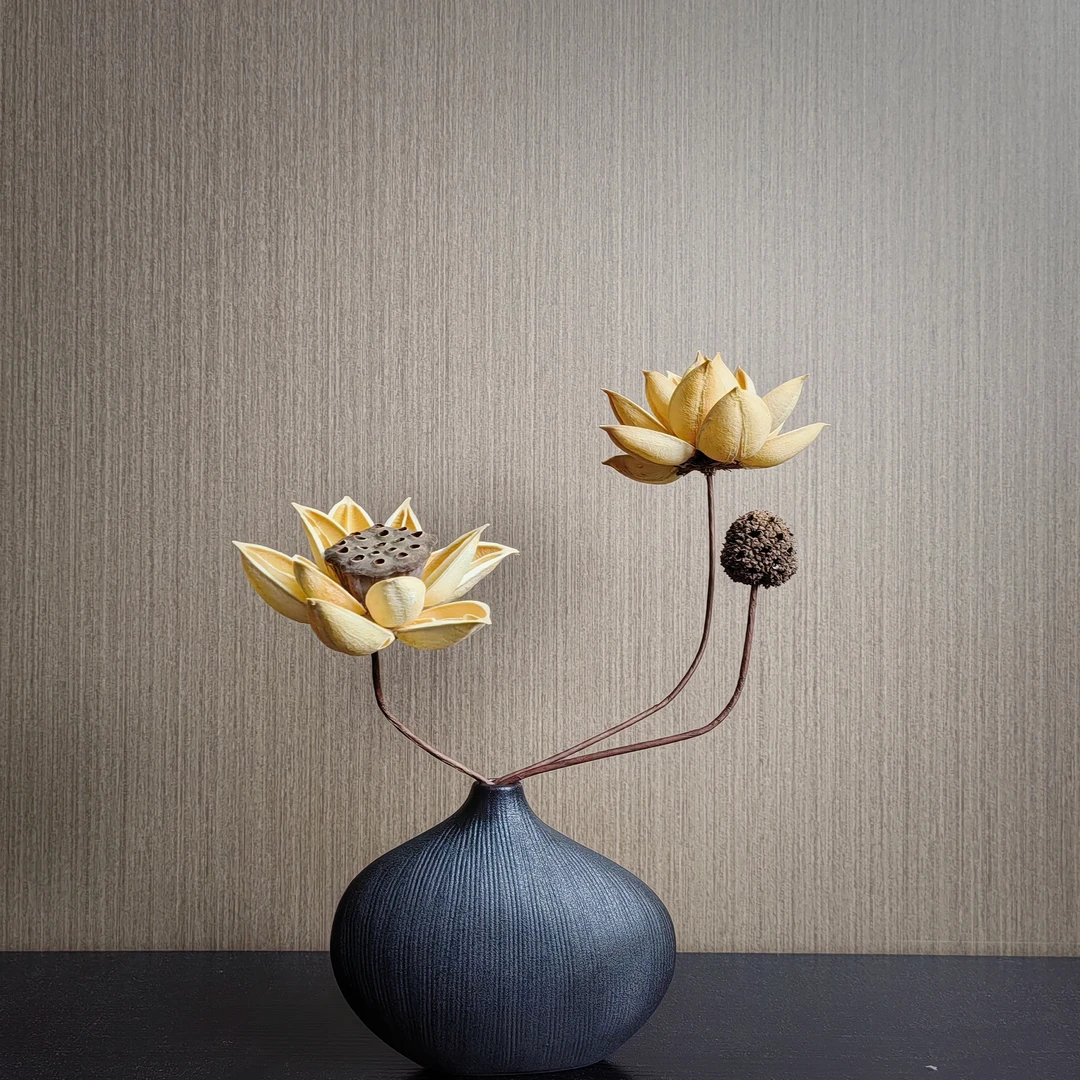 【静观】茶室博古架摆件荷花干花路路通陶瓷工艺品玄关书桌装饰禅意