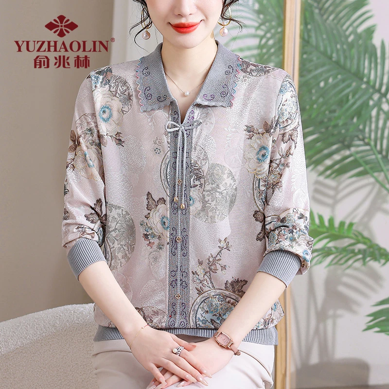 俞兆林2025新款中老年女装T恤针织上衣翻领长袖气质妈妈装打底衫