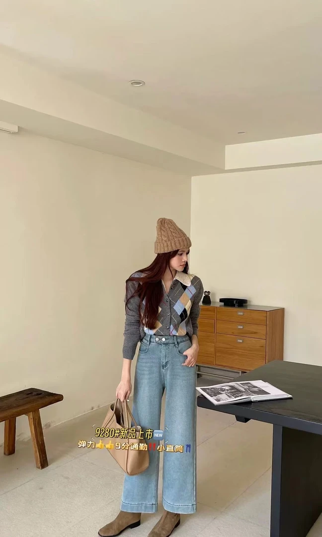 【晶晶家】简约时尚小个子九分弹力小直筒牛仔裤9280