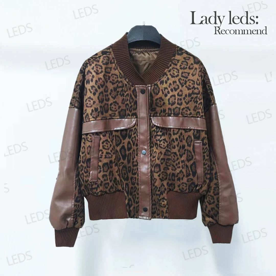 LEDS X007秋冬豹纹毛呢拼皮休闲百搭棒球服外套