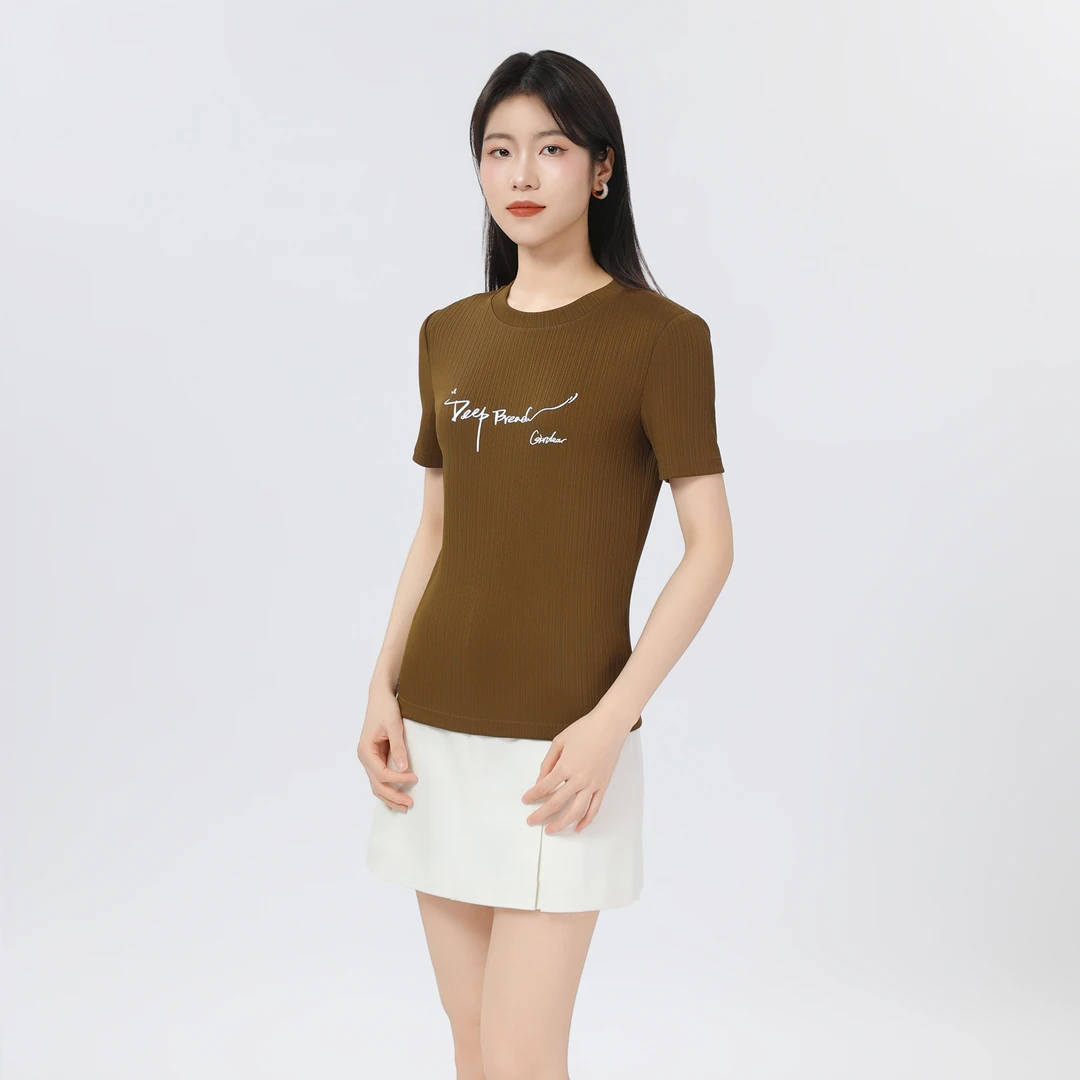 GIRDEAR/哥弟休闲百搭细条深呼吸字母印花套头短袖T恤女1300896