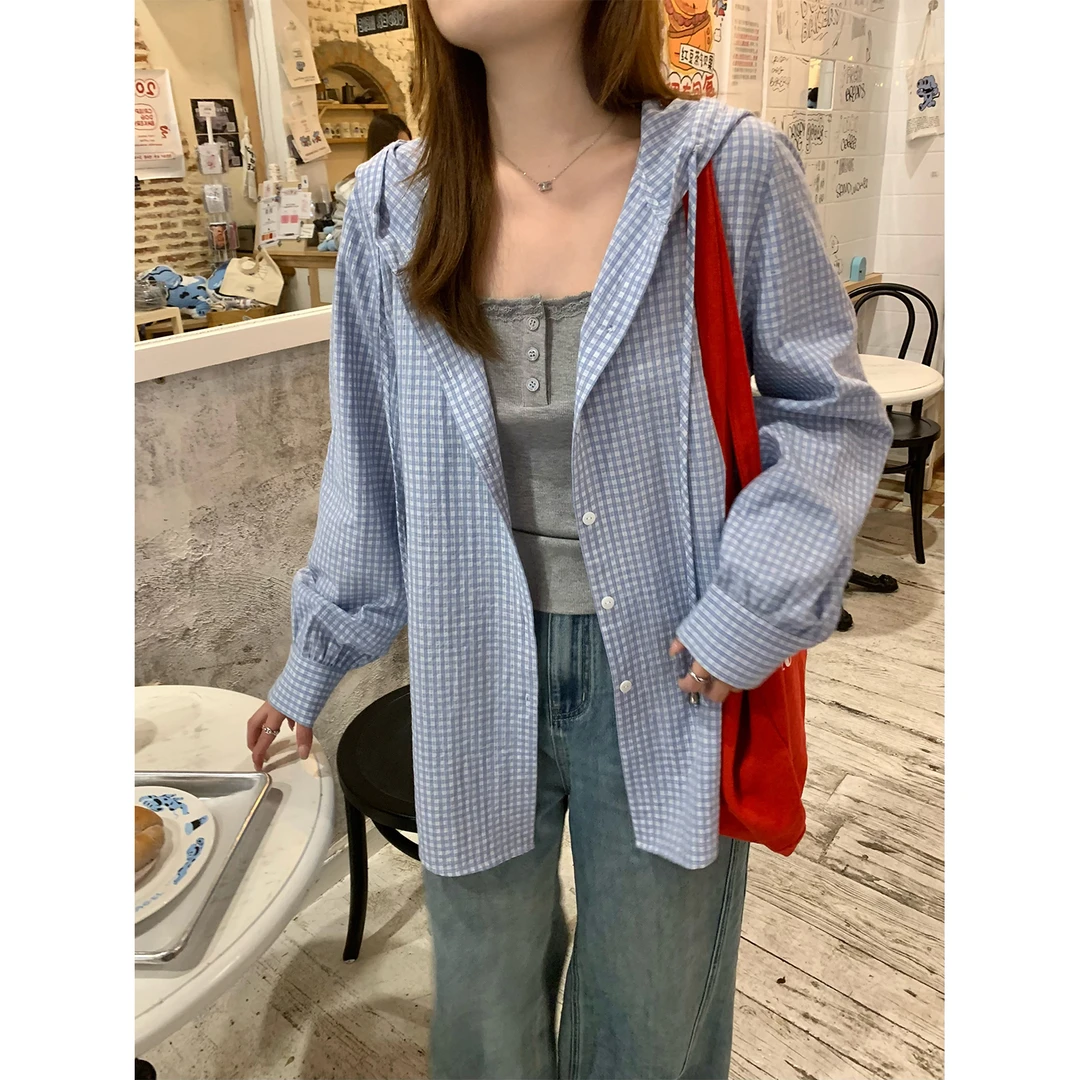现货7763D大婉酱微胖定制欧若风海盐蓝设计感格纹连帽休闲衬衫女