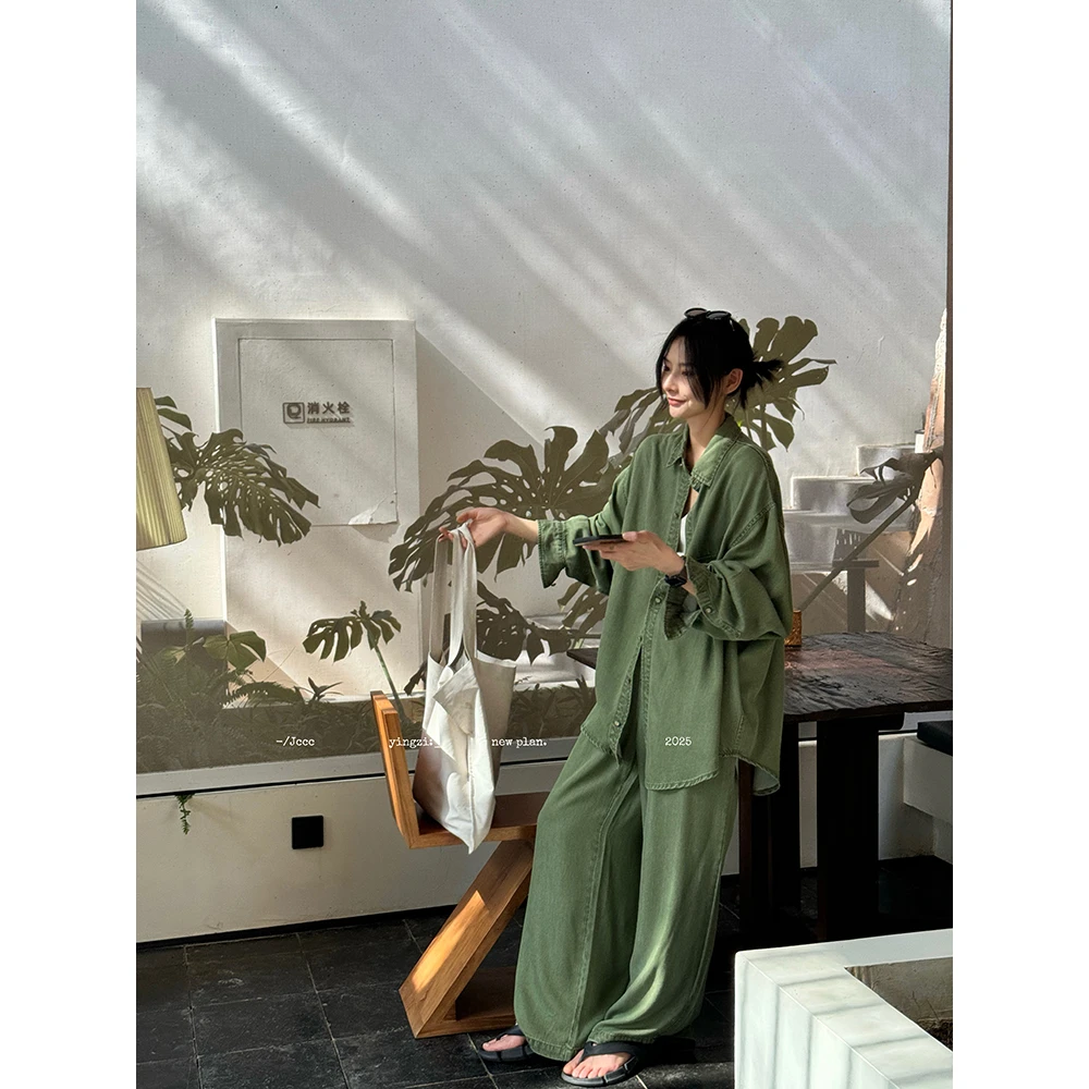 JCCC影子【森林邮递员】绿色简约100莱赛尔衬衫裤子套装JE4JNZ10