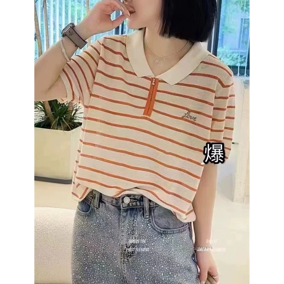 B845【线下同款】莱赛尔纤维~高定版！夏季半拉链条纹女针织衫清