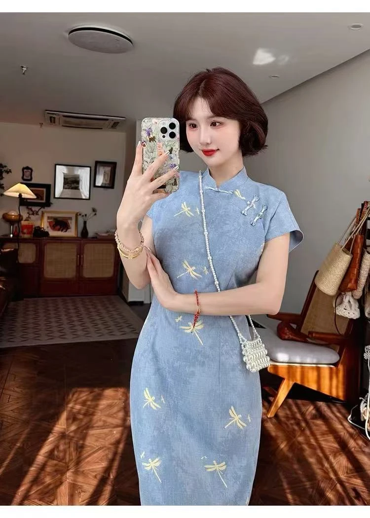 （张）古法全开襟旗袍2025春夏新款新中式年轻款少女长款文艺