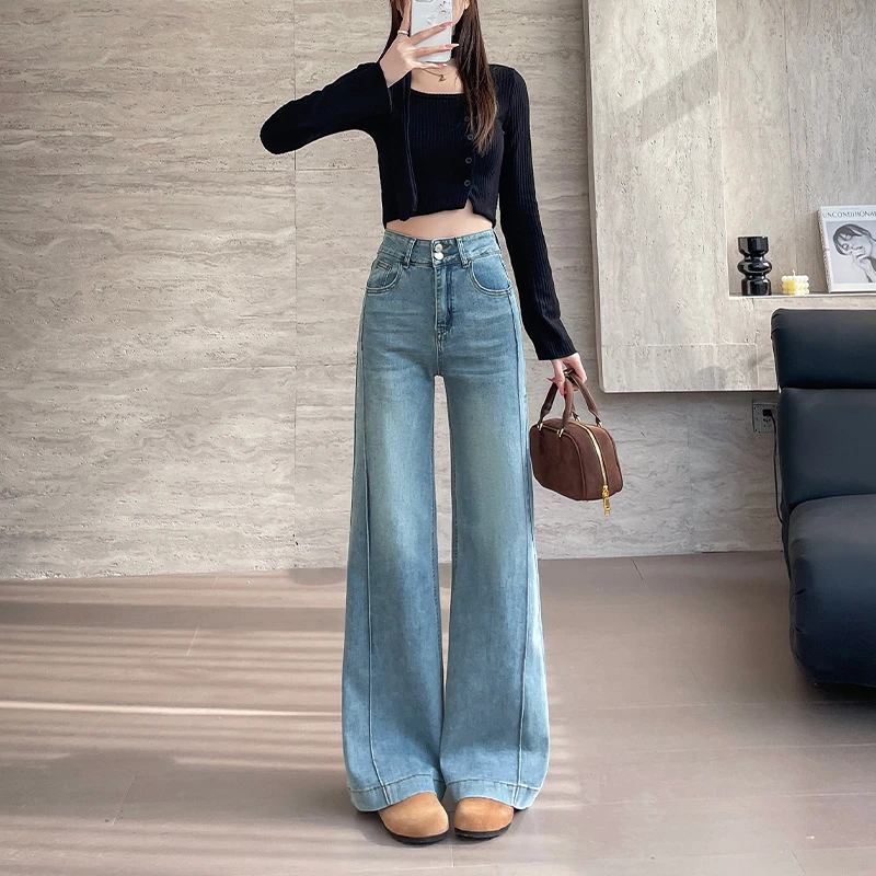 浅蓝色大阔腿牛仔裤女秋季2025新款侧边拼接遮胯小个子弹力喇叭裤