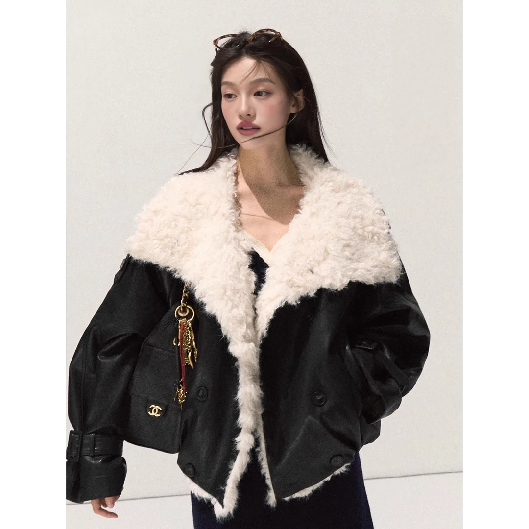 皮毛一体羊羔毛双排扣短外套女秋冬工装风翻领宽松高级感派克服