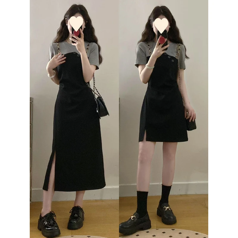 大码法式假两件短袖连衣裙女夏季时尚气质小黑裙胖MM遮肚显瘦裙