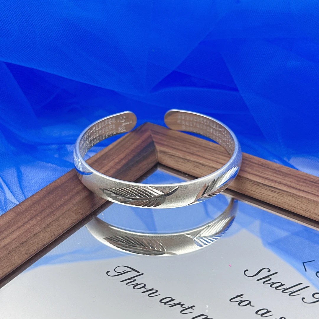 足银手镯 9999银开口手镯心经一叶暴富贵妃手镯磨砂树叶高级轻奢