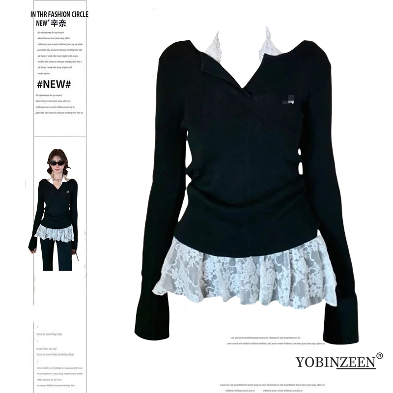 大码胖mm蕾丝挂脖背心叠穿黑色甜辣妹露肩T恤女春季新款上衣