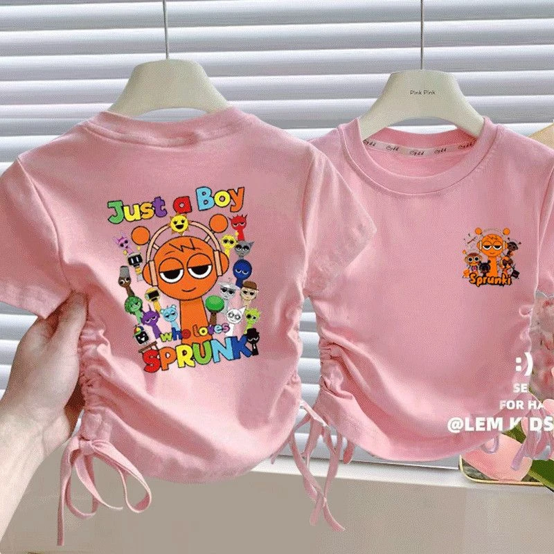 女童抽绳纯棉短袖T恤夏季新款上衣儿童宝宝设计外穿卡通半袖韩版t