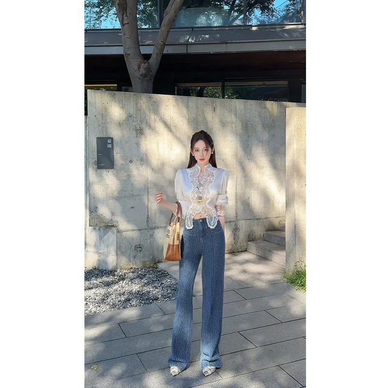 2025秋季新款设计感法式蕾丝拼接长袖衬衫百搭毛边直筒休闲裤套装