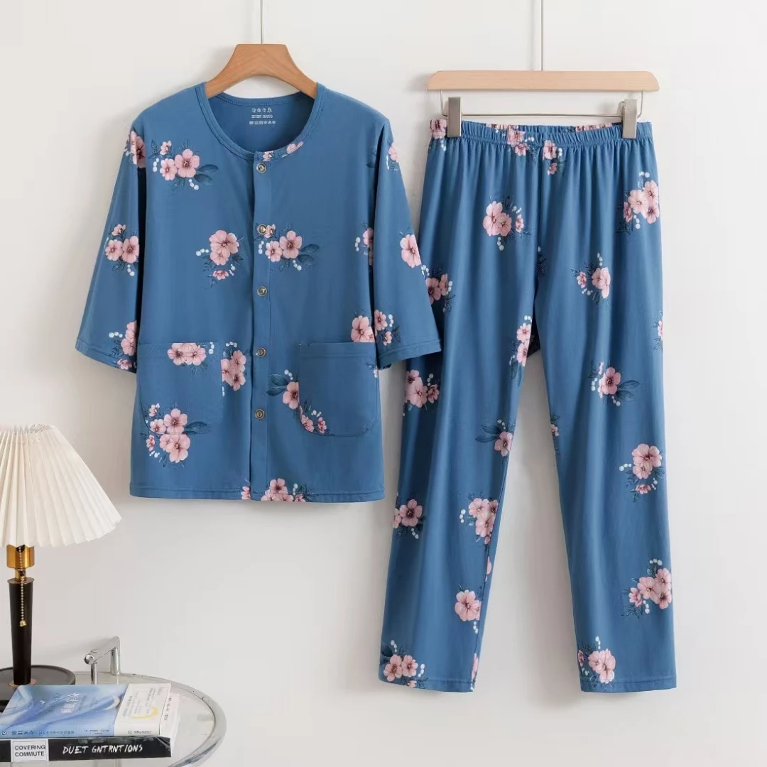 中老年妈妈夏季家居服七分袖睡衣睡裤套装舒适薄款