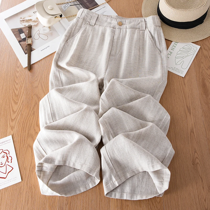 莱赛尔天丝亚麻阔腿裤女夏季薄款2025新款高腰显瘦九分直筒休闲裤