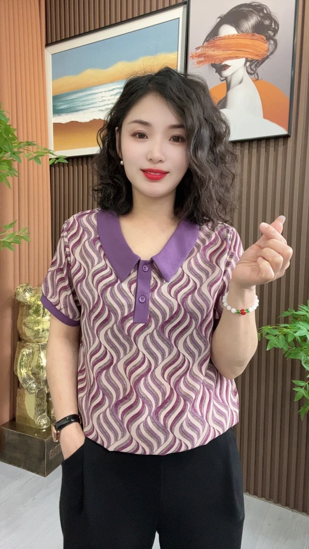 妈妈装夏季新款翻领波浪纹透气宽松显瘦中老年女装短袖上衣