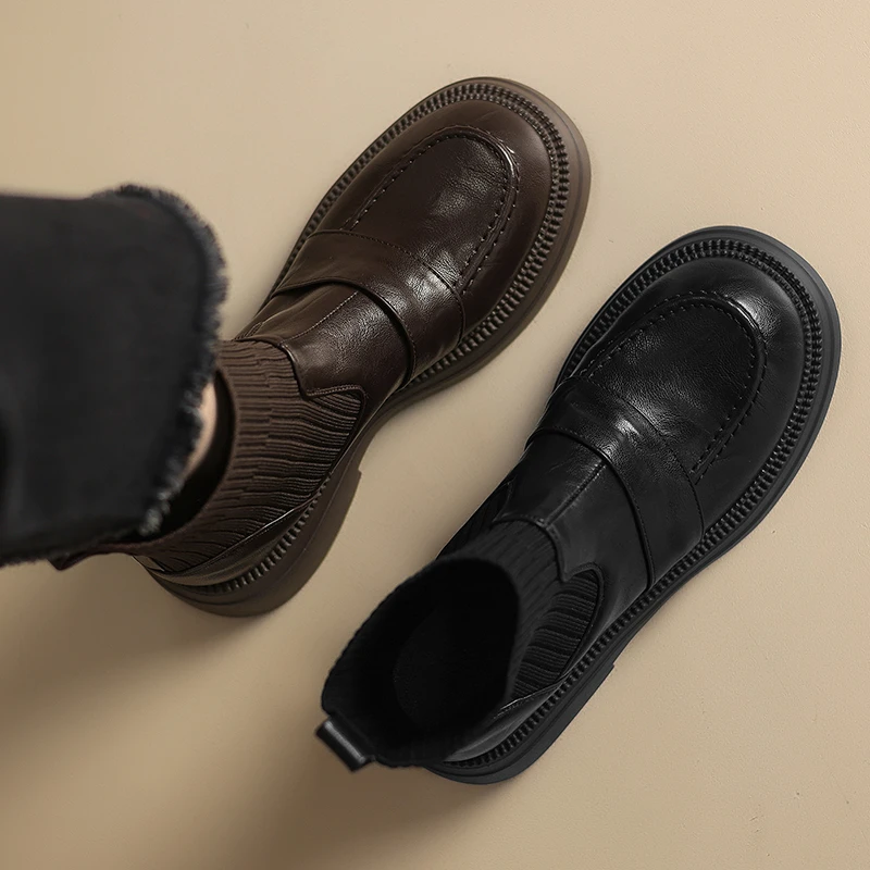 大码女鞋41—43粗跟针织弹力骑士靴2025秋冬英伦风厚底瘦瘦短靴女