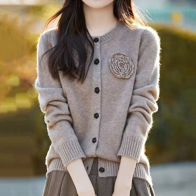 100纯羊毛衫毛衣女2025新款春秋圆领开衫上衣针织外套专柜正品