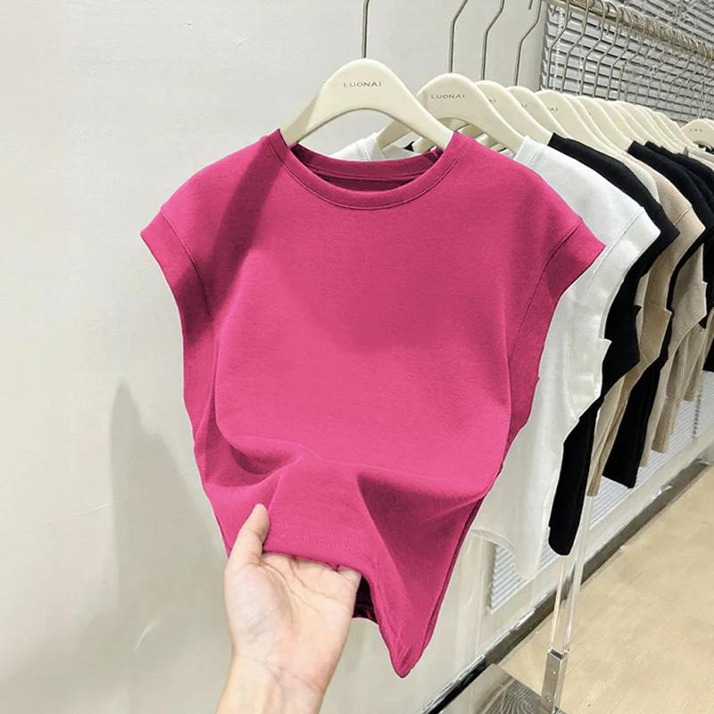 2025夏季百搭纯棉时尚休闲圆领上衣女装韩版大码无袖t恤宽松显瘦