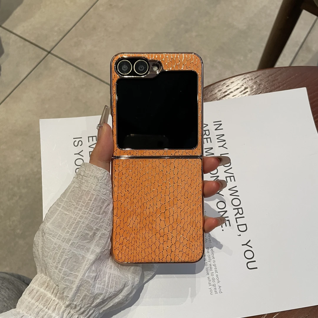 适用三星galaxyzflip7手机壳电镀分体橙色鳄鱼纹zflip6保护壳潮流
