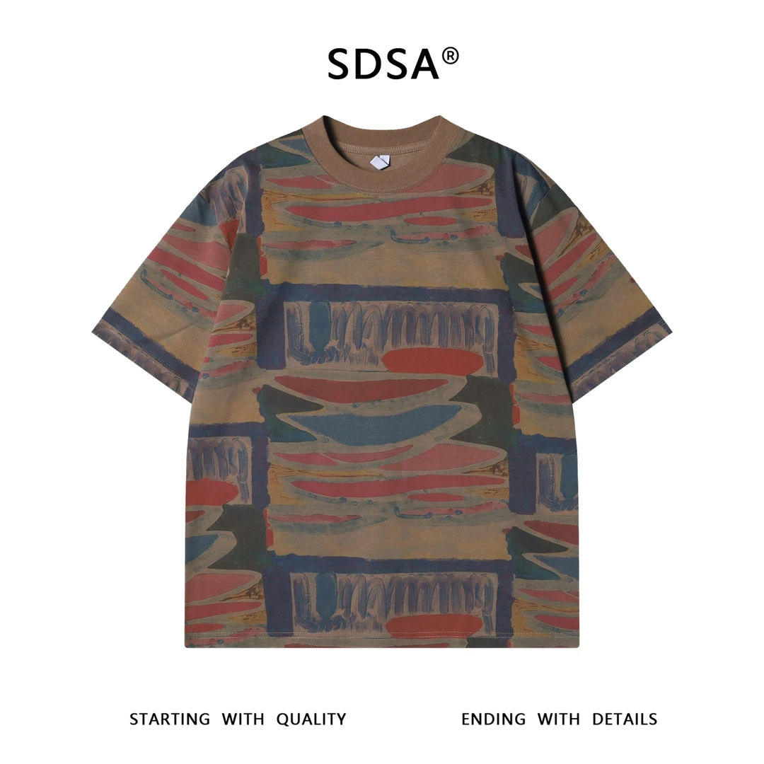 夏季高级感新款美式抽象不规则色块圆领短袖T恤舒适宽松百搭上衣