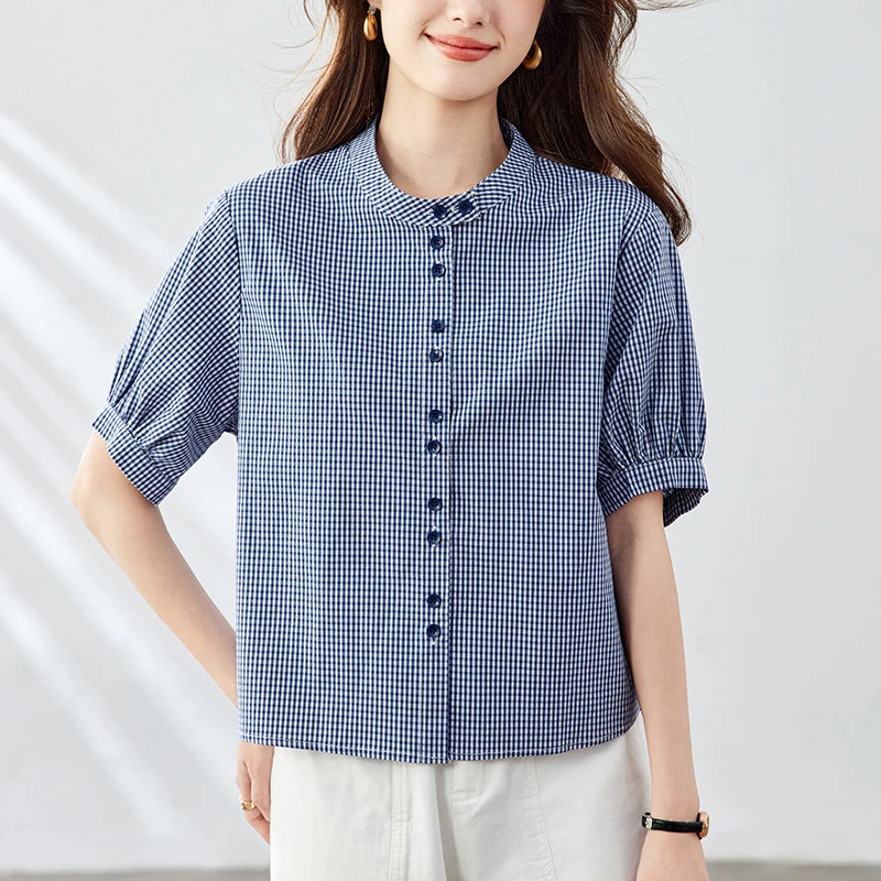 2025纯棉衬衣夏季新款蓝格子圆领短袖女士宽松设计感洋气全棉衬衫